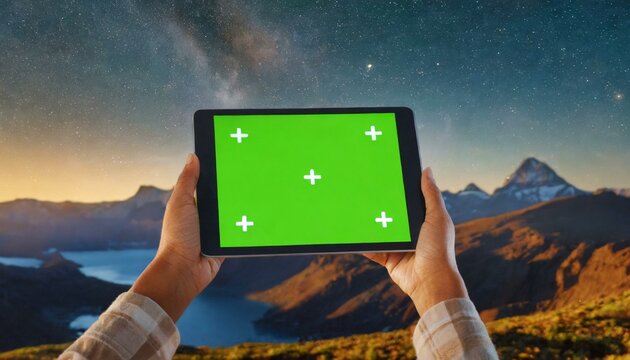 Hands holding tablet with empty mockup green screen chroma key at night in nature with night sky and Milky Way