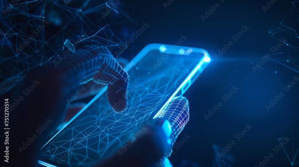 Aufkleber abstract polygonal wireframe closeup image of a mobile phone surrounded by a white blank screen in h