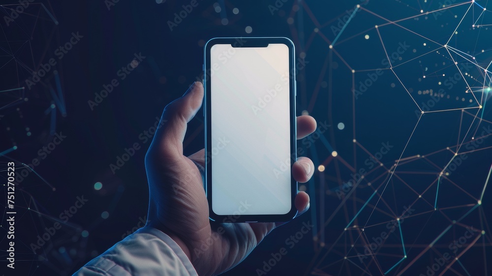 Aufkleber An abstract polygonal wireframe close-up of a mobile phone with an empty screen in the hand of a man. Illustration dark blue background. A smartphone concept is shown with a communication app.