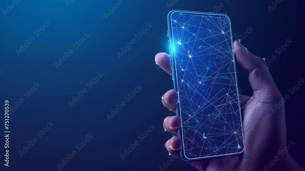 Aufkleber a mobile phone in a dark blue background showing a blank white screen and a man's hand holding it. c