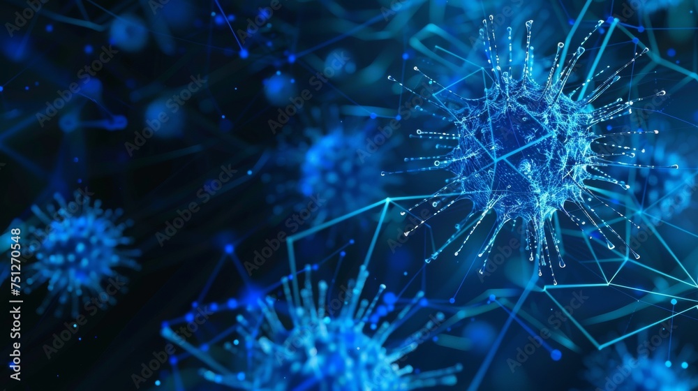 Poster The abstract  3D microbe isolated on a blue background is representing a computer virus, allergy bacteria, healthcare, and microbiology concept. Disease germs, pathogenic organisms, infectious