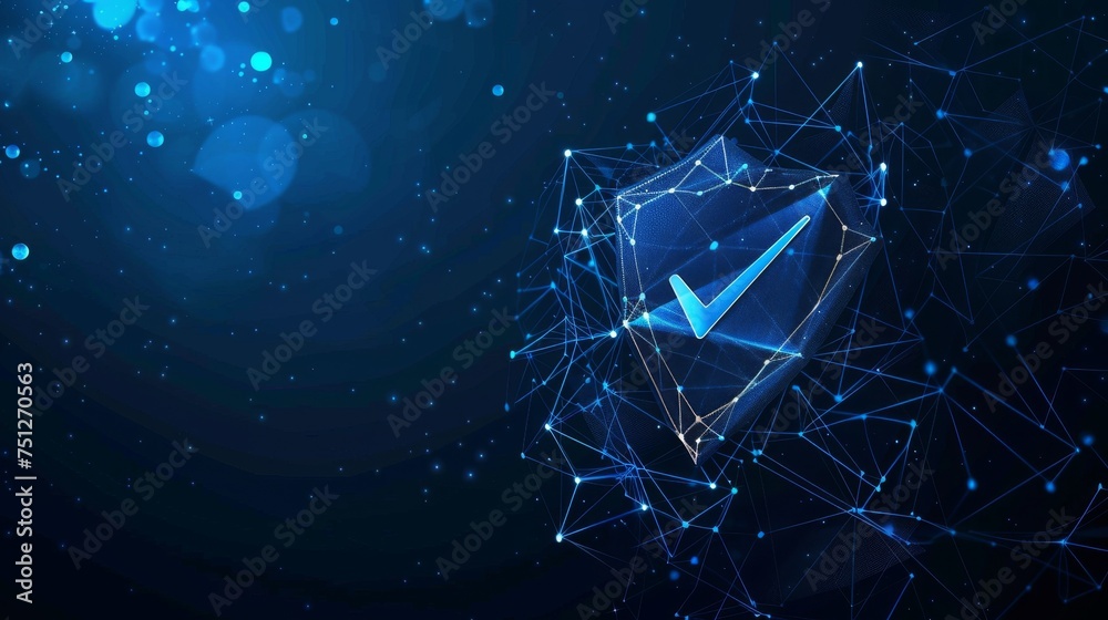 Poster checkmark on shield. polygonal wireframe mesh art looks like constellations on a dark blue night sky