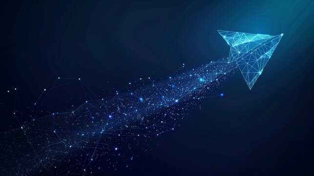 A paper airplane flying in the sky. Low poly wireframe mesh looks like constellations on a dark blue background with stars and dots. Stardust trail effect. Travel, freedom, and aviation concept