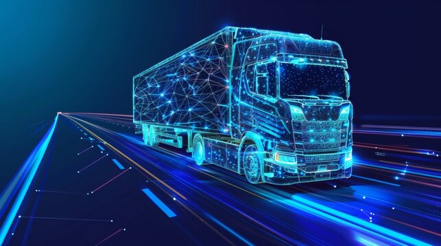 Abstract  3D heavy lorry van. Highway road. Isolated on blue. Transportation vehicle, delivery transport, digital cargo logistic concept. Freight shipping international industry.  3D heavy