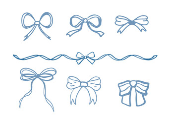 Isolated set of bows and blue ribbons on transparent background. Outline vector set. Trendy design.