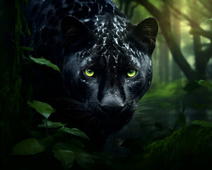 Black panther with green eyes in the forest.