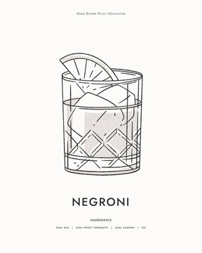 Negroni. Cocktail in a crystal glass with ice cubes and a slice of orange. A classic alcoholic drink. Illustration for drinks cards, bar and wedding menus, cards and website graphics.
