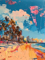 A vivid beach scene in an expressionist style, this painting showcases colorful palm trees and reflective buildings. It suggests a lively art market atmosphere on a sunny day