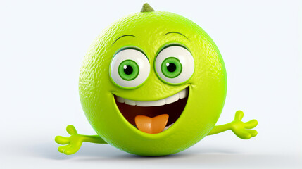 Green lime with a cheerful face 3D on a white background.