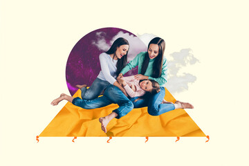 Portrait collage of attractive funny family cuddle rest fun tickle celebration mother day inspiration laugh isolated on painted background - obrazy, fototapety, plakaty