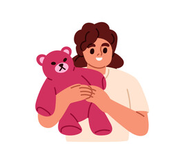 Happy child holding teddy bear. Smiling little girl with favorite stuffed toy in hands. Excited joyful cute sweet kid hugging plush animal. Flat vector illustration isolated on white background