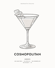 Cosmopolitan. Alcoholic cocktail garnished with lime zest. A refreshing drink in an elegant glass. Illustration for drinks cards, bar and wedding menus, cards and website graphics.