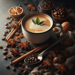 Cup of cappuccino coffee with spices and nuts on a dark background.
