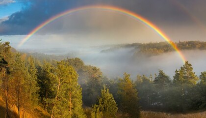 rainbow over the river near the misty forest 
