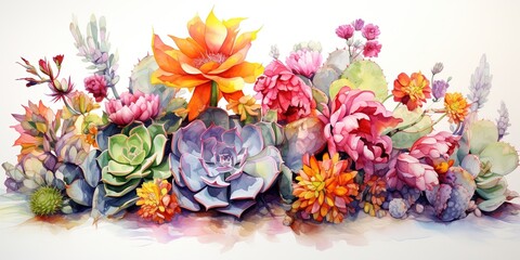 Obraz na płótnie Canvas This captivating watercolor painting of intertwined flowers and cactus blooms with color and life, a perfect blend of nature and art