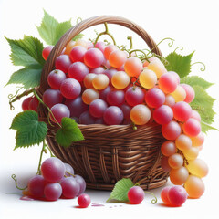 Basket with grapes and leaves on a white background. Isolated