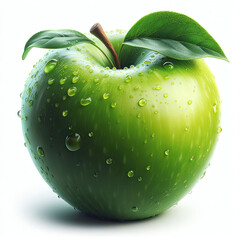 Green apple with leaf isolated on white background.