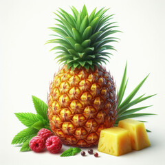 Ripe pineapple with raspberries and pineapples on a white background