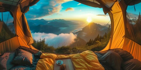 from inside a camping tent the mountain panorama opens up at dawn, with breakfast served on a tray above the grandeur of nature, evoking the sense of travel and freedom. Ai generated