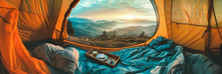 Papier Peint photo Montagnes from inside a camping tent the mountain panorama opens up at dawn, with breakfast served on a tray above the grandeur of nature, evoking the sense of travel and freedom. Ai generated