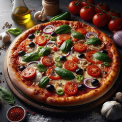 Tasty margarita pizza with tomatoes, mozzarella, spice, garlic and olives. Low key scene.