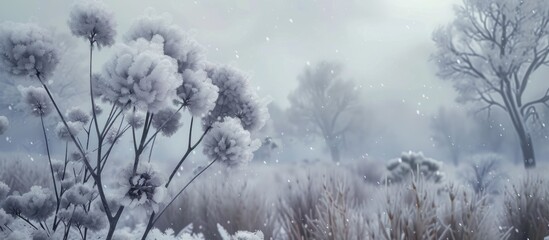 Black and white photo showing snow covered trees in a winter landscape during a blizzard. The foreground features frost covered burdock plants.