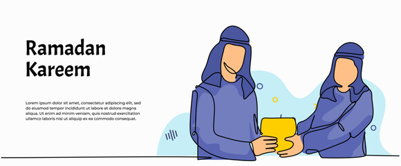 Vector illustration of Arab man caring for each other for banner, poster, and greeting card. Modern flat in continuous line style.