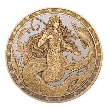 An illustration of a coin with a picture of a rusalka mermaid woman