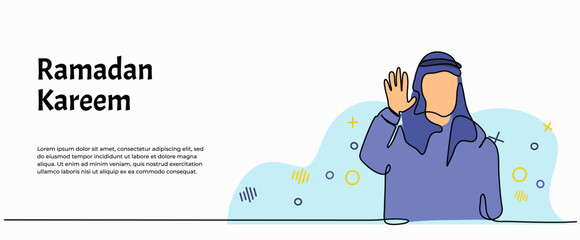 Vector illustration of a muslim man is thinking hard. Modern flat in continuous line style.
