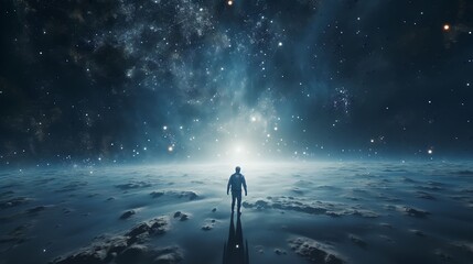 A man floating on space platform watching universe