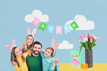 Composite collage image of cute family play together decor celebrate easter holiday traditional...