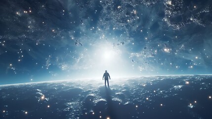 A man floating on space platform watching universe - obrazy, fototapety, plakaty