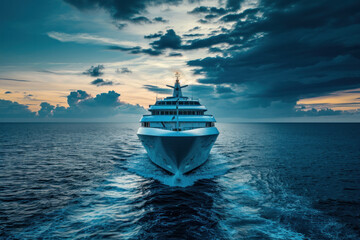 Fototapeta premium Luxury cruise ship sailing across ocean at sunset. Travel and leisure.