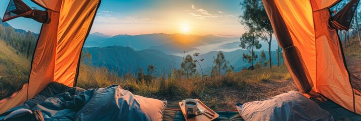 from inside a camping tent the mountain panorama opens up at dawn, with breakfast served on a tray above the grandeur of nature, evoking the sense of travel and freedom. Ai generated - obrazy, fototapety, plakaty