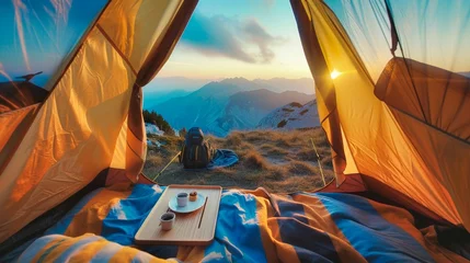 Selbstklebende Fototapeten from inside a camping tent the mountain panorama opens up at dawn, with breakfast served on a tray above the grandeur of nature, evoking the sense of travel and freedom. Ai generated © The Strange Binder
