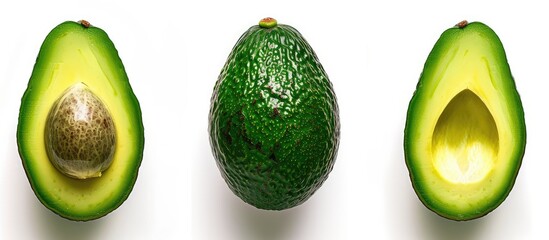 A ripe avocado has been sliced in half and placed on a clean white surface. The creamy green flesh contrasts with the stark background, showcasing its freshness.