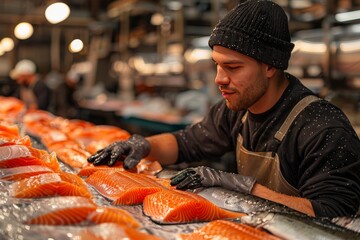 A man processes red fish fillets or salmon at a fish factory. - obrazy, fototapety, plakaty
