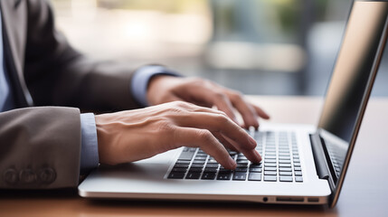 close up of hands typing on laptop, male hands, keyboard, typing 