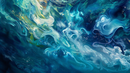 Abstract fluid art painting with swirling patterns of blue and white creating a visually mesmerizing marbled effect.
