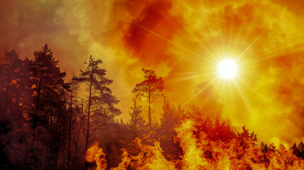 Fires caused by climate change in the hot days of summer in a pine forest