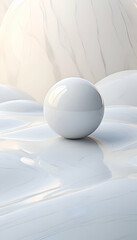 White sphere on white marble background. 3D render. Computer generated image.