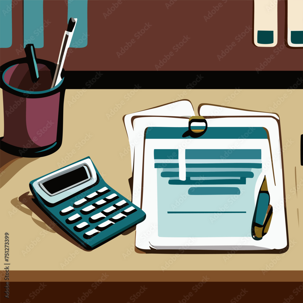 Poster desktop background workplace with calculator pen and finance document, vector.