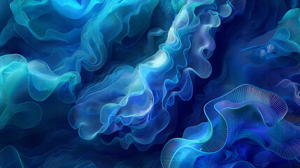 Abstract fluid art painting with swirling patterns of blue and white creating a visually...