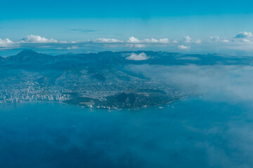 Waikiki and Diamond Head, Oahu Hawaii. Aerial photography of Honolulu to Kahului from the plane.	
