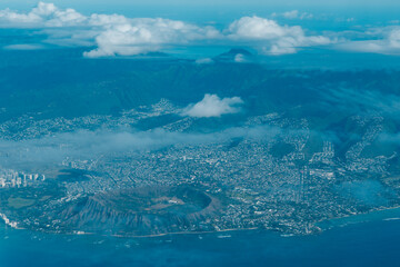 Diamond Head and Kahhala. Oahu Hawaii. Aerial photography of Honolulu to Kahului from the plane.	
