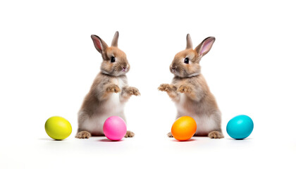 Two funny Easter bunnies with colored eggs on white background. Banner, greetings card, website concept - 751273754