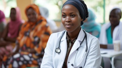 African woman in a white medical lab coat sits in a classroom with other people. Female doctor wearing a head scarf, diversity in medicine concept - obrazy, fototapety, plakaty