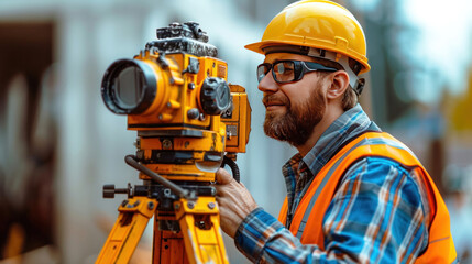 A male surveyor builder engineer with theodolite transit equipment at construction site outdoors during surveying work. - obrazy, fototapety, plakaty