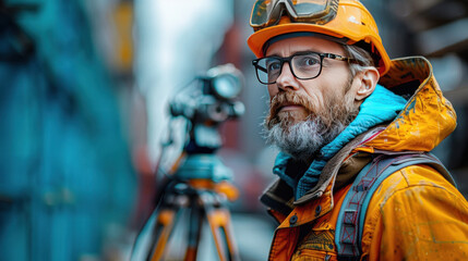 A male surveyor builder engineer with theodolite transit equipment at construction site outdoors during surveying work. - obrazy, fototapety, plakaty