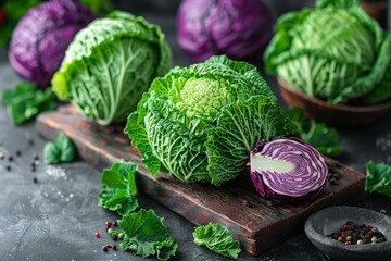 Green and purple fresh savoy cabbage on wooden board - obrazy, fototapety, plakaty